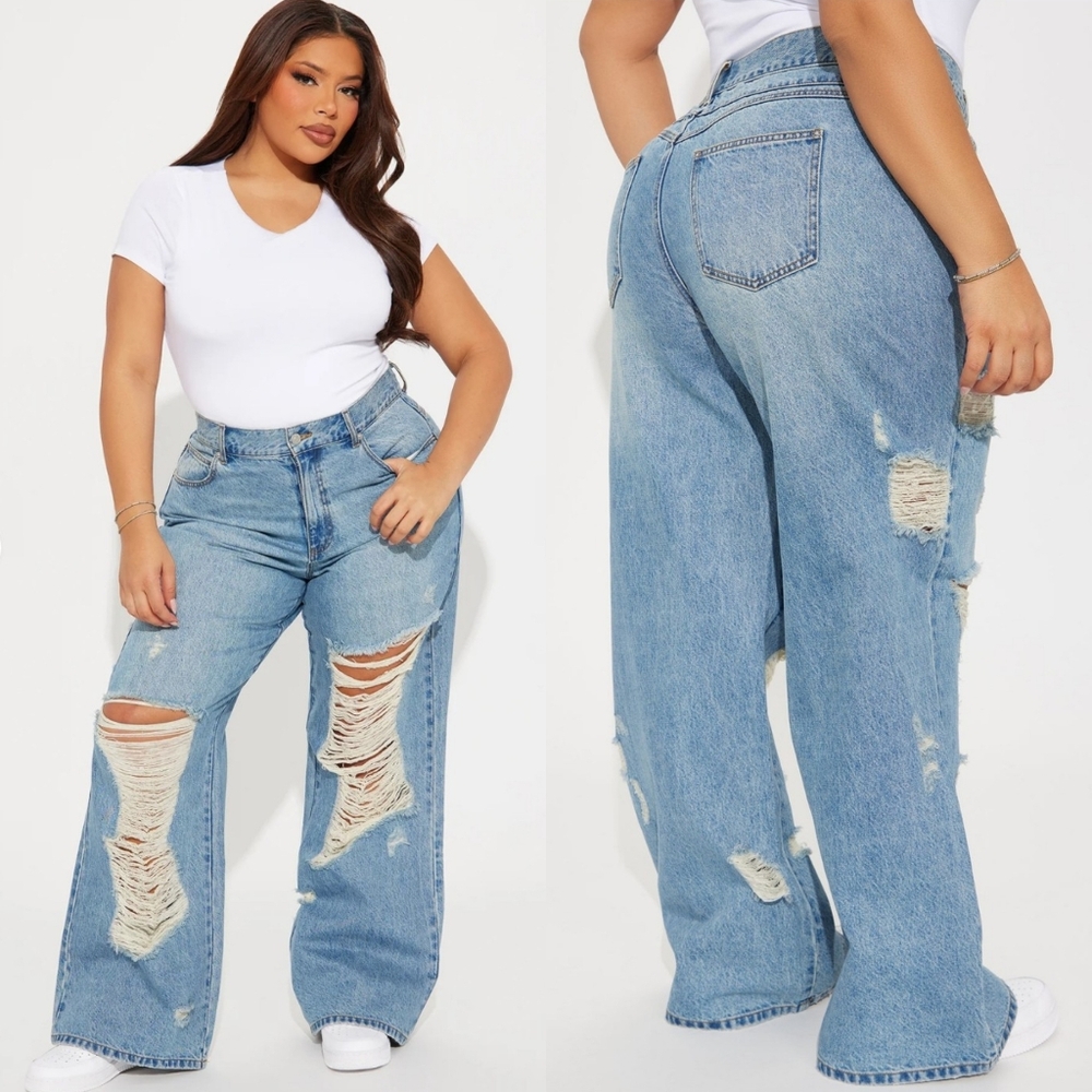Plus High-Rise Distressed Wide-Leg Jeans - Light Blue